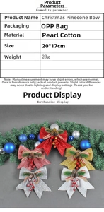 Detailed view of Christmas pinecone bow made of glitter foam and striped ribbon, 20x17cm