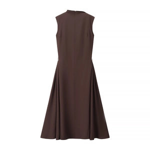 Brown sleeveless A-line midi dress with mock neck and pleated skirt on white background