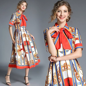 Baroque Print Dress For Women Polyester Vintage Royal Style Red Pussy Bow Shirt Collar Short Sleeve Midi A-Line Silhouette