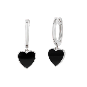 Detailed view of silver hoop earrings with heart-shaped black enamel pendant charms