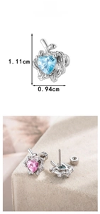 Detail view of heart zircon stud earring with snake wrap design, size 1.11cm x 0.94cm