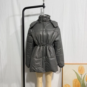 Detail of dark grey drawstring hooded cotton jacket with a subtle glossy finish