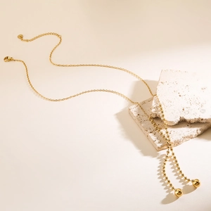 Minimalist Stainless Steel Gold Plated Y Necklace For Women Long Beaded Chain With Dual Ball Pendants Fashion Tassel Necklace Jewelry