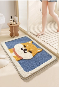 Absorbent shiba inu bathroom rug placed on beige floor in a modern shower room scene