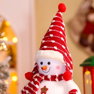Large plush Christmas snowman doll with red striped hat and Welcome star button