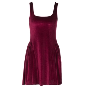 Detailed close-up of dark wine red velvet dress showing square neck and luxury texture