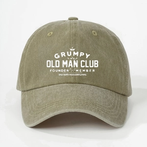 Washed green vintage baseball cap with Grumpy Old Man Club slogan and crown logo