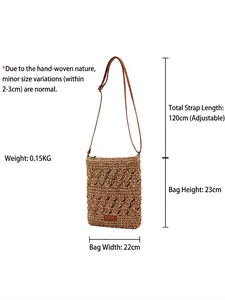 Hollow handwoven straw crossbody beach bag with adjustable leather strap and dimensions