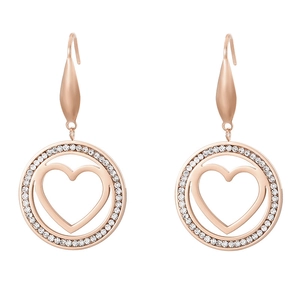 Elegant rose gold heart earrings with sparkling cubic zirconia on a minimalist round frame