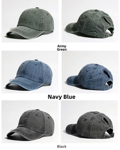 Detail view of washed cotton ponytail baseball caps in army green, navy blue and black