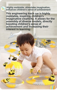 Close-up of kids playing with flexible yellow construction track and toy trucks on floor