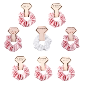 8-piece satin scrunchies set on pink diamond-shaped card for bridesmaid wedding gift