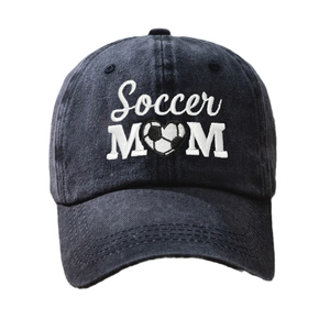 Dark blue washed denim baseball cap with white Soccer MOM heart football embroidery