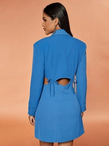 Blue V-neck long sleeve slim dress featuring back cutout and lace-up details