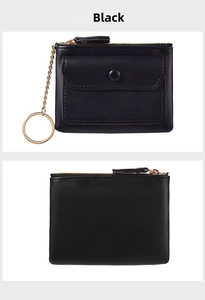 Front and back view of black PU leather mini coin purse with gold keychain ring