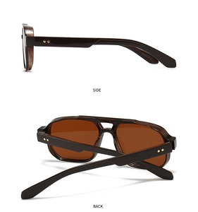 Detailed side and back view of retro dark brown sunglasses with gold star rivets