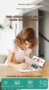 Optical tracing board kit with lens and stand showing a child drawing from a smartphone