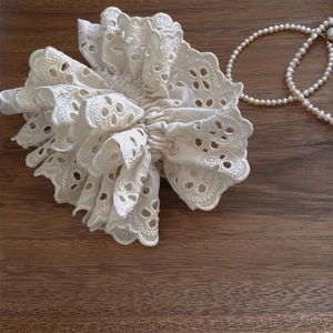 Macro detail of French lace embroidery and floral texture on a large off-white hair claw