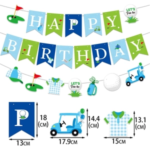 Blue golf birthday banner set with Happy Birthday flags and sport themed party decor