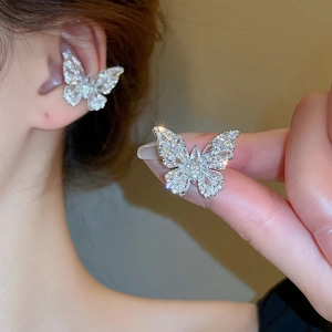 Elegant silver butterfly zircon ear bone clip earring for women with sparkling crystals