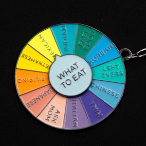 Macro detail of a colorful spinning metal keychain for daily food decision making