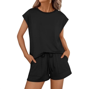 Women's casual black two-piece set featuring a loose crewneck top and drawstring shorts