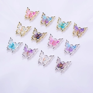 3D laser butterfly nail charms with colorful gradient resin in gold and silver frames