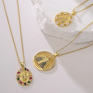 Virgin Mary Pendant Necklace 18K Gold Plated Copper Micro Inlaid Zircon Religious Jewelry For Women
