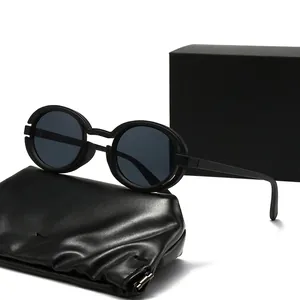 Punk style small round sunglasses in matte black with leather pouch and gift box set