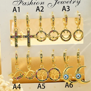 Colorful Zircon Hoop Gold Plated Cross Planet Tree Of Life Evil Eye Moon Smiley With 925 Sterling Silver Earring Post