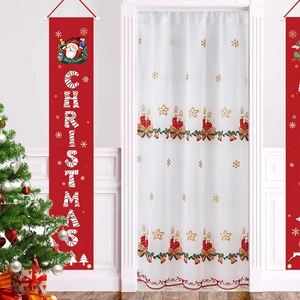 Christmas Door Curtain And Hanging Banners Sheer Polyester Embroidery Reindeer Candle Design Red Wavy Edge Holiday Decor