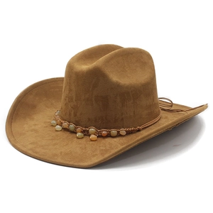 Vintage Western Cowboy Hat For Women Men Faux Suede Wide Brim With Beaded Woven Band Ethnic Style Adjustable Sun Hat