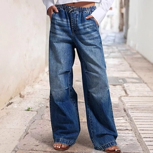 Women Wide Leg Jeans Washed Denim High Waisted Elastic Drawstring Waist Retro Streetwear Loose Straight Trousers
