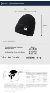 Size chart for knit beanie showing dimensions 21x25cm and head circumference guide