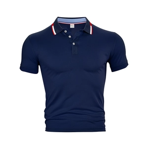 Detail of navy blue polo shirt with striped collar trim and fine mesh knit texture