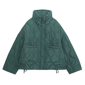 Giacca trapuntata casual verde scuro da donna con colletto alla coreana e tasche ampie