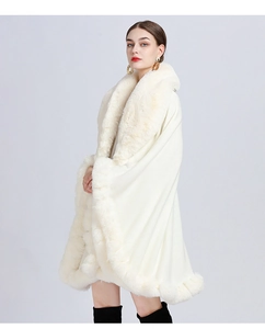 Detail of soft white faux fur shawl collar and fluffy trim texture for winter cape coat