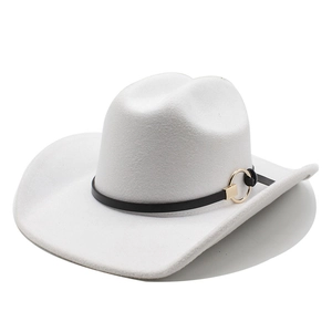 White western cowboy hat with black leather band and gold buckle on white background
