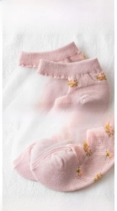 Detail of high-elasticity cuff and flat seam on pink floral mesh breathable socks