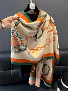 Women Long Scarf Shawl Imitation Cashmere Warm Thick Winter Wrap Equestrian Horsebit Print Retro Fashion Fringed Tassel