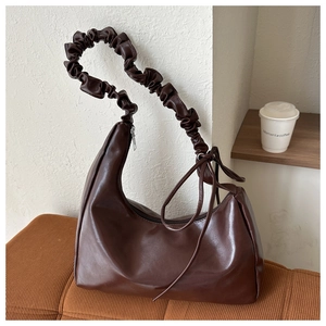 Brown ruched underarm shoulder bag for women, stylish PU leather hobo handbag, daily accessory.