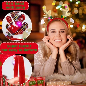 Detail of super elastic LED Christmas reindeer headband with glowing lights and plush material
