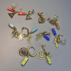 Evil eye stainless steel hoop earrings with colorful gemstones and hand of fatima charms