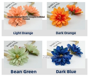 Detailed views of multi-layer faux dahlia flower heads in assorted vibrant colors