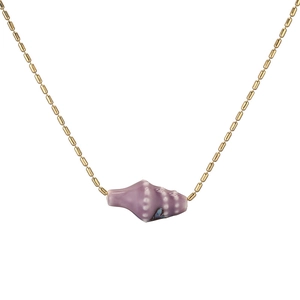 Minimalist gold chain necklace featuring a violet ceramic conch shell pendant on white background
