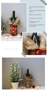 Detailed view of handmade Christmas wine bottle covers with faux fur collar and buttons