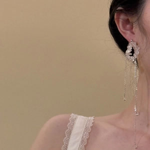 Elegant irregular crystal geometric hoop earrings with long silver tassel fringes for women