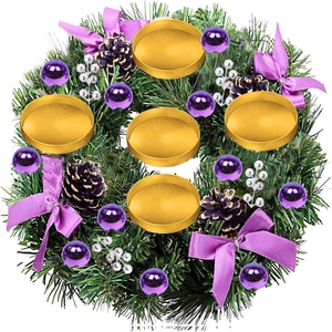 Christmas wreath candle holder with purple bows, gold trays and green pine needles
