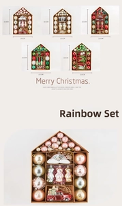 70pcs Christmas ornament set featuring painted trees, bears, and boots in a 33.5x23.5cm box