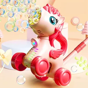 Pink unicorn bubble lawn mower toy with thick anti-slip wheels for toddlers outdoors